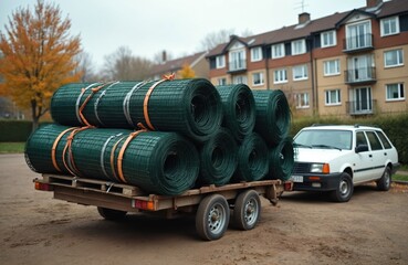 Parked car utility trailer loaded with rolled fencing in residential area near apartment buildings. Overcast day, autumn tree. Residential housing, construction, logistics, urban transport, community