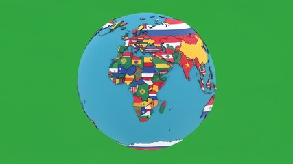 Dynamic animated globe with country flags spins against a vibrant green backdrop for global concept - Powered by Adobe