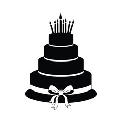 Silhouette of a tall tiered birthday cake with candles and ribbon bow decoration silhouette
