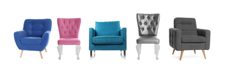 Different chairs isolated on white, set. Stylish furniture