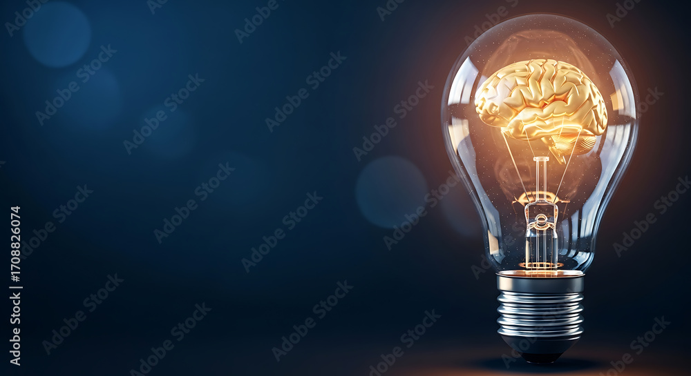 Poster brain shaped lightbulb glowing on a dark background, conceptual image for innovation and idea genera