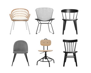 Different chairs isolated on white, set. Stylish furniture