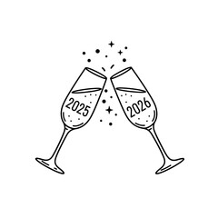 Vector illustration of two champagne glasses clinking. Celebration, happy new year, 2025 year changing to 2026. Toasting at parties, past and next year
