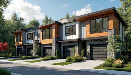 Modern townhomes with large windows surround lush garden areas. Buildings feature wood, stone, grey paneling. This architectural design showcases contemporary residential living spaces, properties.