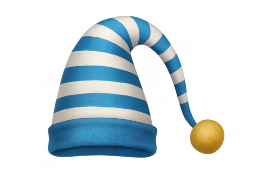 Blue and white striped sleeping cap with yellow pompom on transparent background