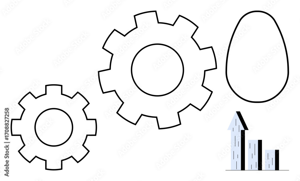Poster two interlocking gears, an abstract egg shape, and a growing bar graph representing teamwork, innova