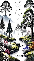 A vibrant landscape of a winding stream, lush vegetation, and towering trees amidst a mountainous vista