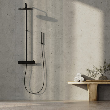 Modern shower with black fixtures and wooden bench in minimal bathroom