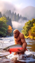 A large, hairy creature wading in a river holding a fish.  Autumnal landscape
