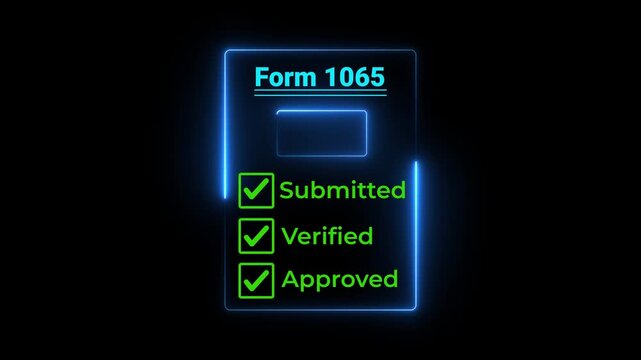 Form 1065 tax document with submitted, verified, and approved status shown on digital interface held, representing financial approval and tax processing, neon frame on black background