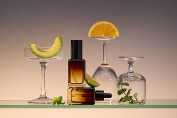 An artistic still life composition with fresh fruit and glassware