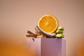 A creative arrangement of fresh fruits, coconut, and wooden details