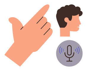 Raised hand, profile face outline, and microphone icon with sound waves convey speaking, discussing, and interaction. Ideal for communication, public speaking, podcasting, teamwork collaboration