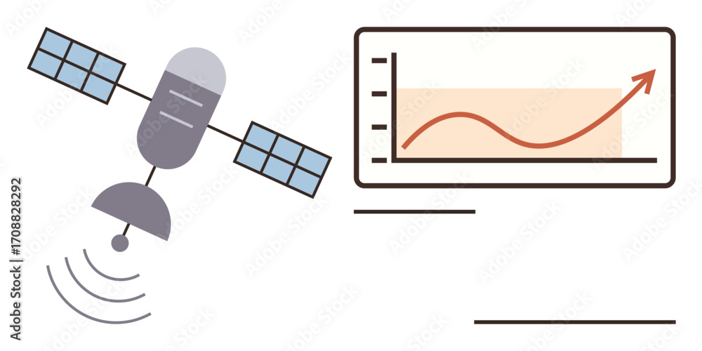 Poster satellite sending signals toward a screen displaying an upward-trending growth graph. ideal for scie