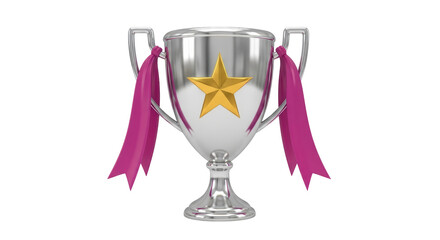 Isolated trophy with a gold star and pink ribbons symbolizing triumph, success, awards