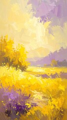 A vibrant landscape painting with golden fields and purple hills