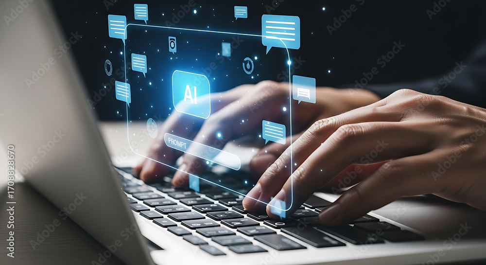Fototapete hands type on laptop keyboard with ai chatbot interface and prompt box overlayed above.