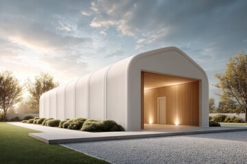 Modern Industrial Architecture: A contemporary industrial building with clean lines and minimalist aesthetic sits under a dramatic sky, showcasing innovation and functional design.