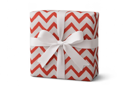 Red gift box wrapped with white ribbon on transparent background