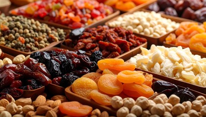 Assorted dried fruits and nuts in wooden bowls