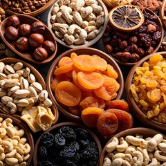 Assorted dried fruits and nuts in bowls