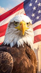 Bald eagle portrait against American flag