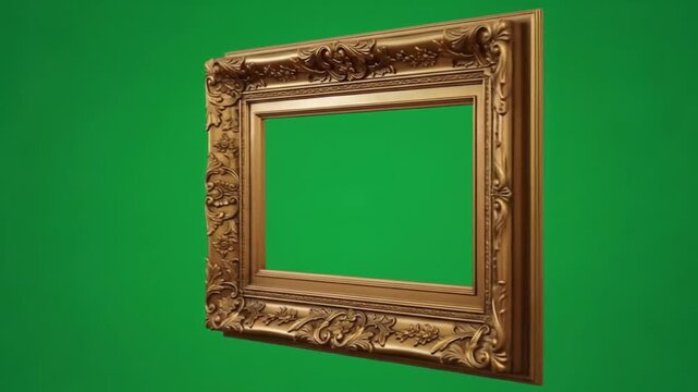 Elegant ornate gold picture frame rotates against vibrant green screen for dynamic creative projects