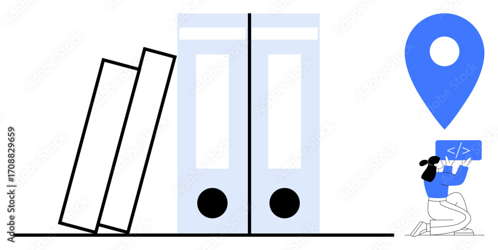 Poster books leaning on file binders, coder holding a laptop, location icon. ideal for education, teamwork,