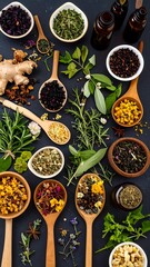 Assorted dried herbs and teas in small bowls and spoons