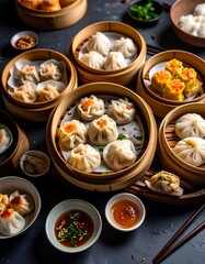Assorted dumplings in bamboo steamers on a dark surface