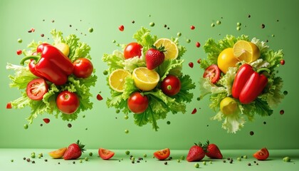 Vibrant salad ingredients explode on green background. Red bell peppers, tomatoes, lemons, strawberries, lettuce create fresh, healthy, colourful mix. Ideal for cooking, cookery, diet-related themes.