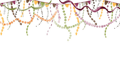 Festive watercolor frame with ropes, tinsel, and carnival elements. Ideal for greeting cards, party backgrounds, and event invitations. Horizontal banner with hanging garlands and ribbons.