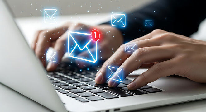 Close up of hands typing on laptop keyboard surrounded by glowing email icons with one notification received.