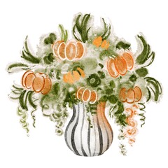Watercolor illustration of an autumn pumpkin bouquet in a vase. Includes fall leaves, foliage, pumpkins, and seasonal plants. Perfect for home decor, holiday, Thanksgiving, and autumn compositions.
