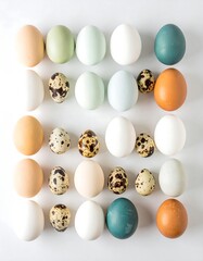 Assorted eggs arranged in a grid pattern