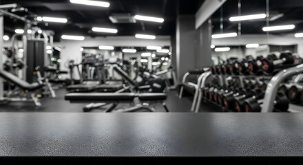 Naklejka premium Close-up of a table with fitness equipment and dumbbell rack blurred in the background in a gym.