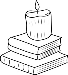 books and a candle hand drawing outline simple illustration