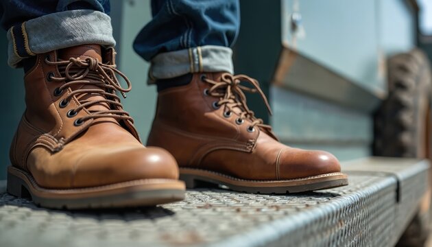 Worn brown leather work boots with sturdy tread stand on metal truck step. Rugged footwear offers protection, grip, comfort for men work, labor, heavy duty jobs. Durable craftsmanship, eyelets,