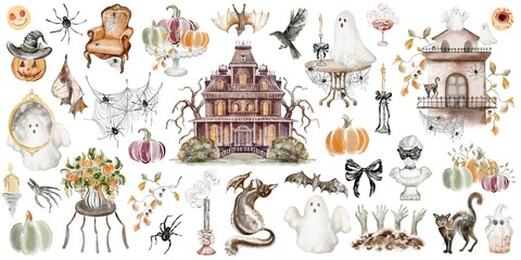 Halloween clipart bundle with pumpkin, ghost, witch, bat, cat, crow, spider, candle, mirror, and castle. Hand drawn watercolor elements for stickers, prints, and decoration.