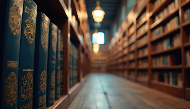 Bookstore aisle filled with Islamic books on wooden shelves. Soft lighting creates calm, peaceful atmosphere. Collection of religion, koran, literature, history texts invites learning, understanding.