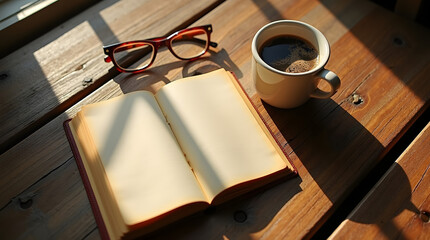 Top view of a worn rustic wooden table with a steaming cup of coffee in a ceramic mug .