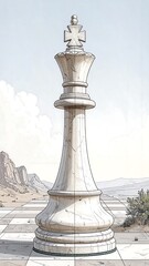A large, stylized chess king on a desert chessboard