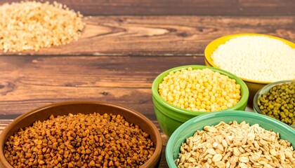 Assorted grains in bowls on a wooden surface