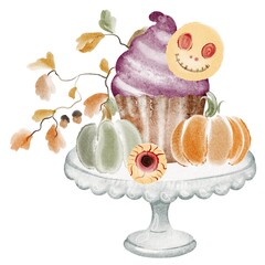 Autumn still life with pumpkins, cupcakes, leaves, and plate. Watercolor drawing, fall harvest, thanksgiving, halloween, seasonal celebration.