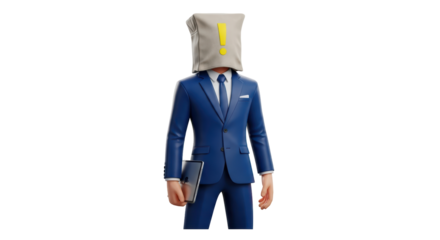Isolated man with paper bag on head and exclamation point holding laptop, business concept