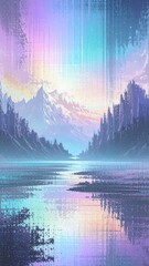 A vibrant, pastel landscape of mountains, a lake, and a cityscape, bathed in ethereal light