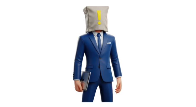 Isolated man with paper bag on head and exclamation point holding laptop, business concept