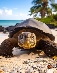 A large tortoise on a sandy beach