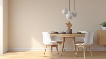 Modern dining room with light wood table and white chairs