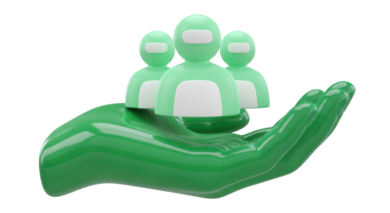 Isolated green hand holding stylized user icons, people, staff, service, care, teamwork